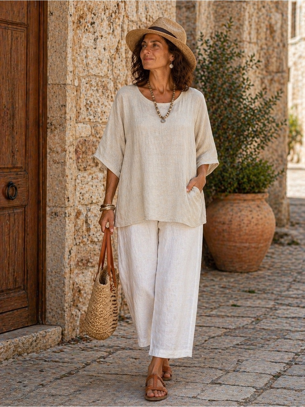 VIKOLINO 100% European Washed Linen Chic Beige Women's Tunic Top Onesize